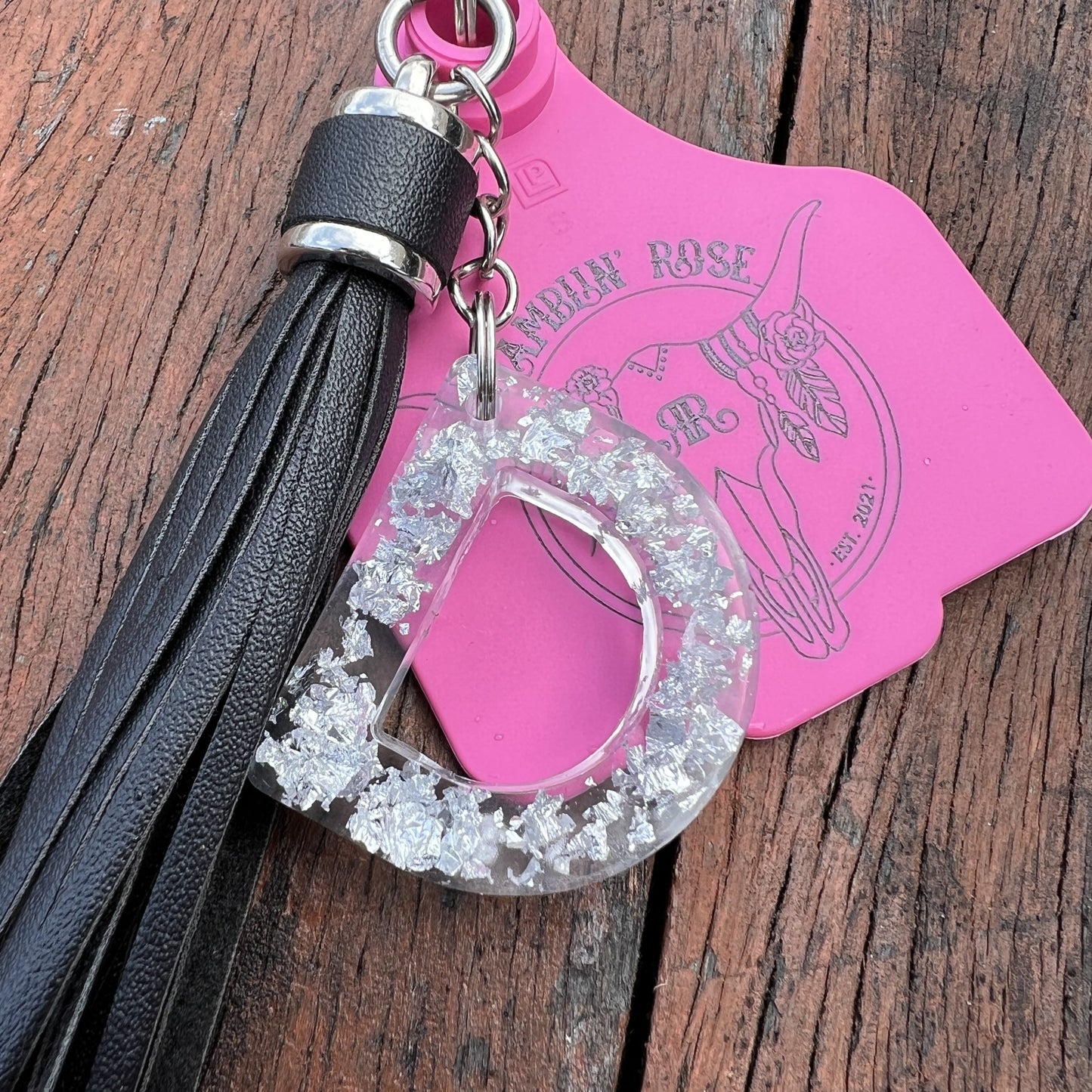 Personalised Cattle Tag Keyring/Bag Charm - PINK/BLACK