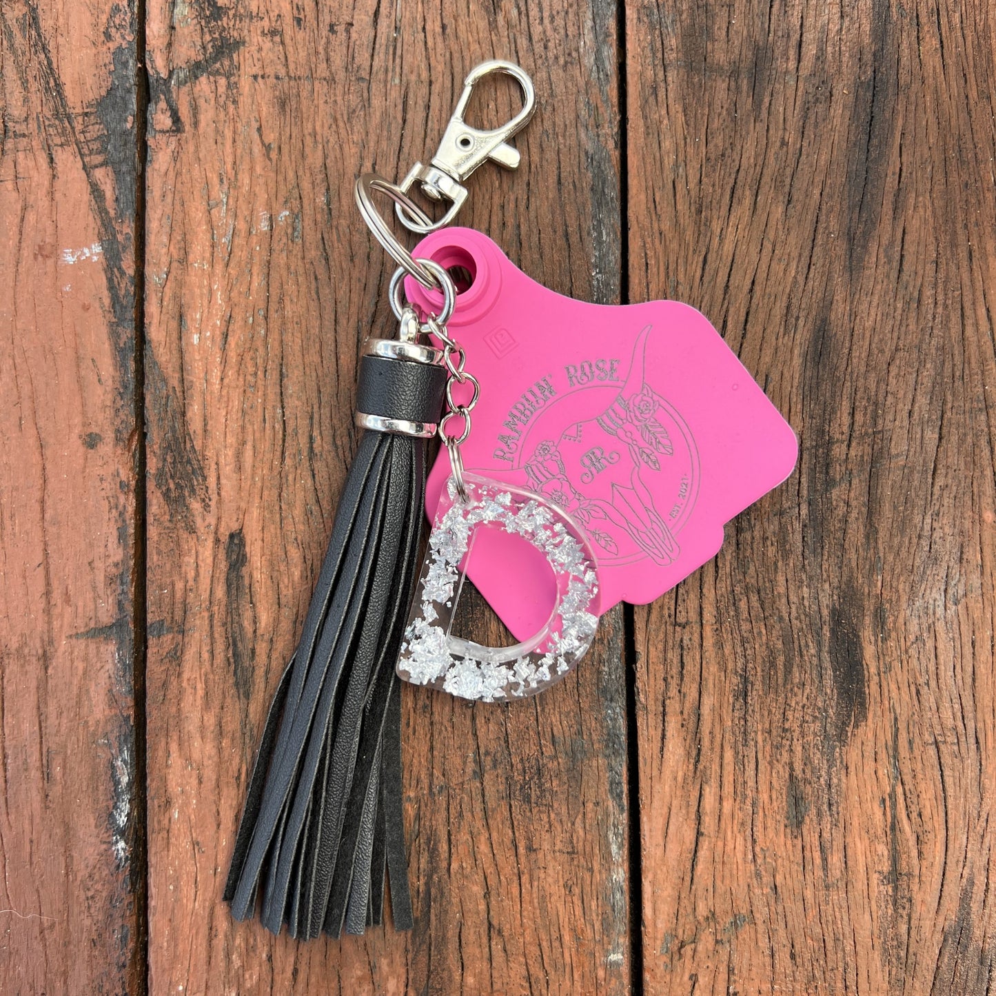 Personalised Cattle Tag Keyring/Bag Charm - PINK/BLACK