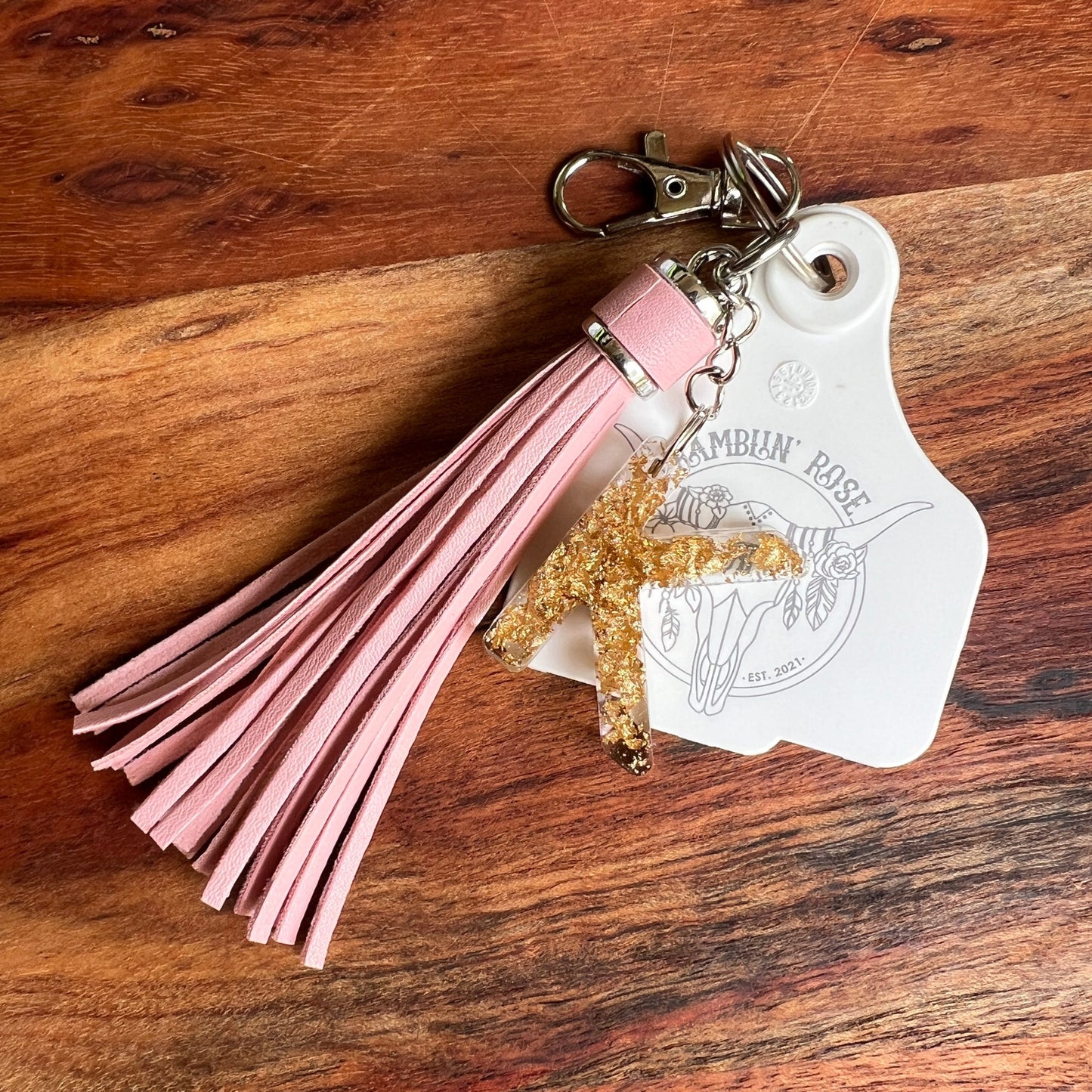 Personalised Cattle Tag Keyring/Bag Charm - WHITE/PINK