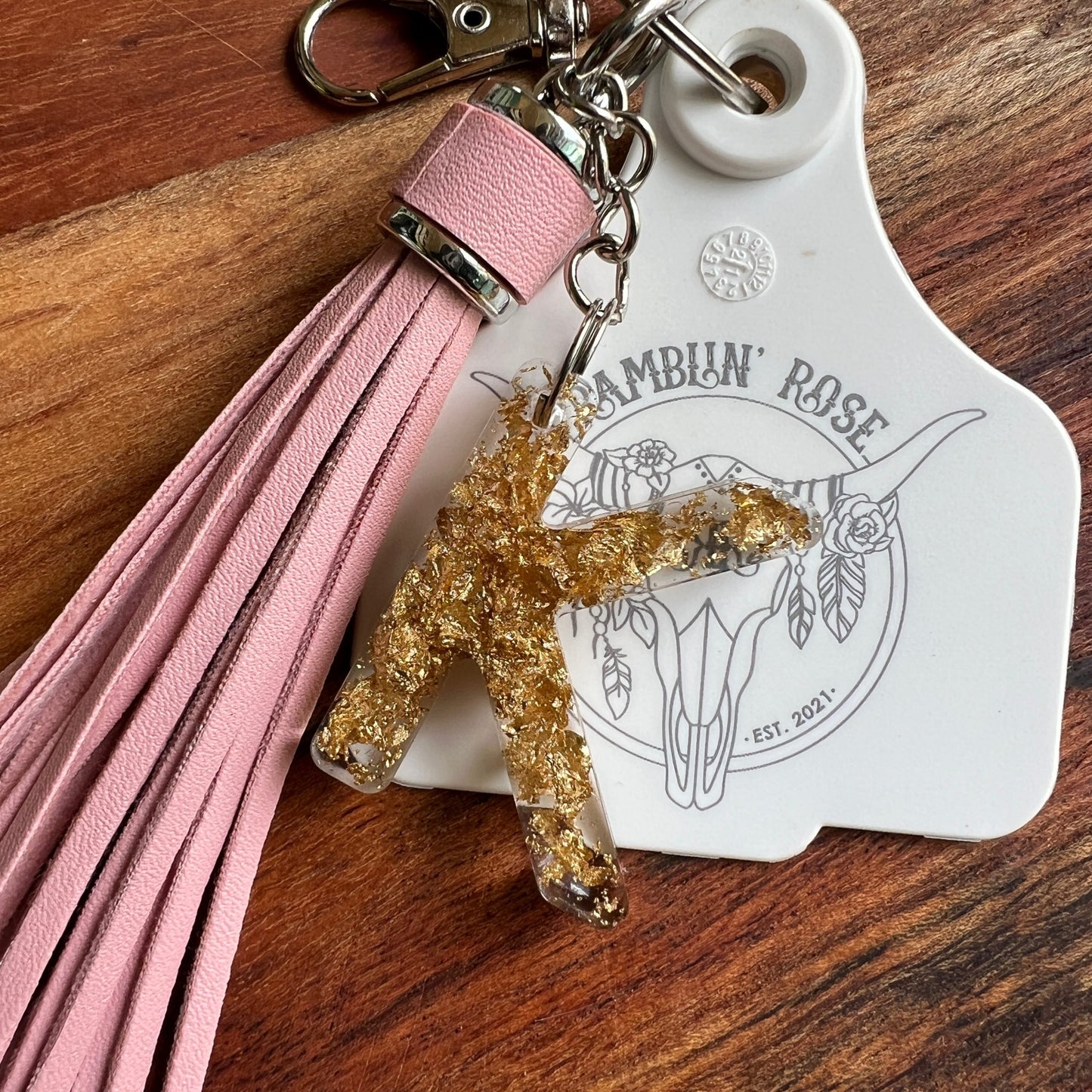 Personalised Cattle Tag Keyring/Bag Charm - WHITE/PINK